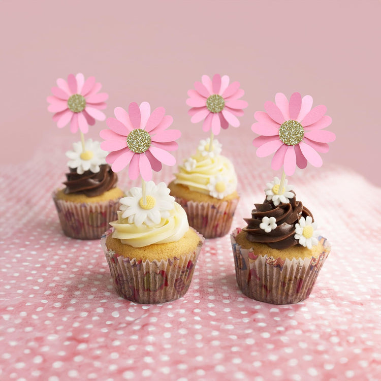 24Pcs Daisy Cupcake Toppers Flower Cake Topper Decorations Daisy Cake Decorations Chrysanthemum Cupcake Toppers Spring Daisy Flower Cake Picks for Birthday Wedding Supplies Light Pink (24 Count)