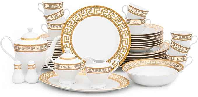 Porcelain Dinnerware Set for 8 - Luxurious 49 Piece Dish Set - White and Gold Greek Key Design - Dinner Plates, Bowls, Cups and Saucers for Everyday Dishes or Formal Occasions (Meander Gold 2049)