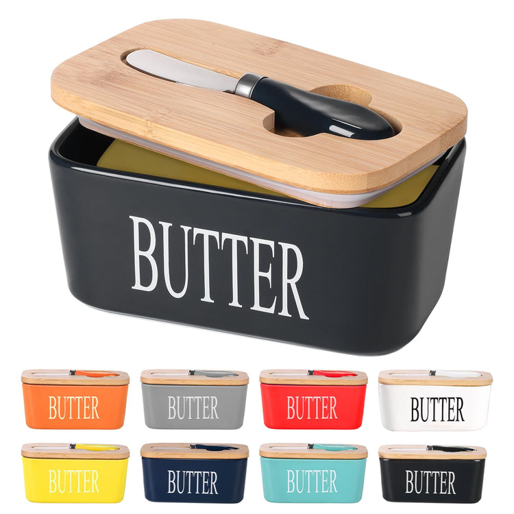 Ceramic Butter Dish with Bamboo Lid and Stainless Steel Knife Spreader