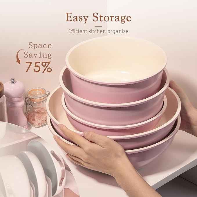 Astercook 21 Pcs Pots and Pans Non Stick Ceramic Cookware Set, Detachable Handles, RV Kitchen Cooking Set, Oven Safe, Induction Ready, Stackable, Pink