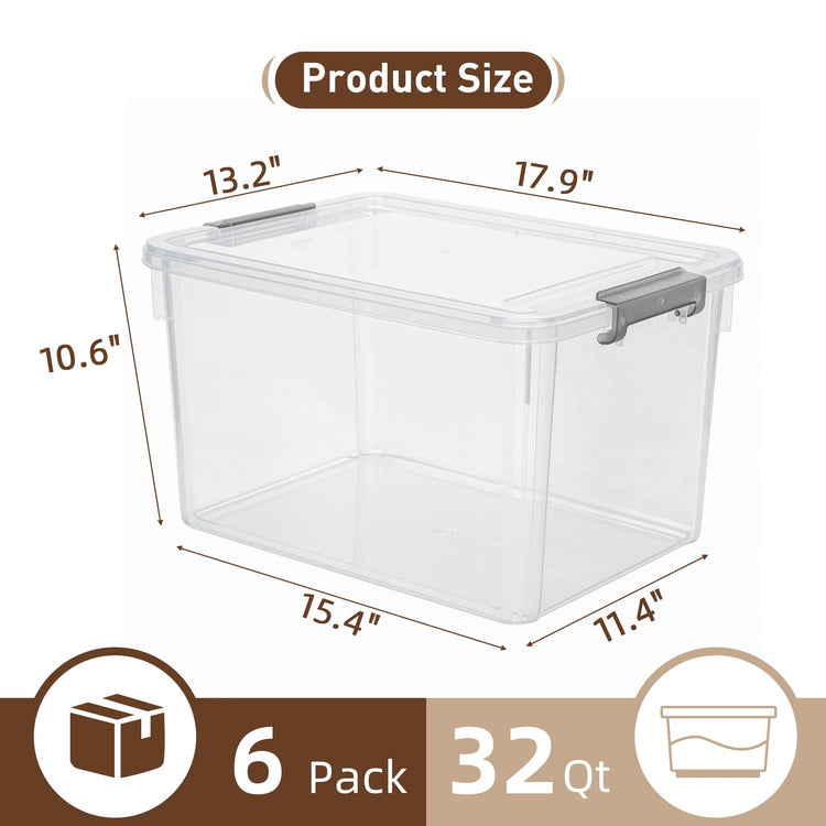 6 Packs 32 QT Plastic Storage Bins with Lids Large Stackable Storage Containers for Organizing Clear Storage Box for Garage (6 Count)