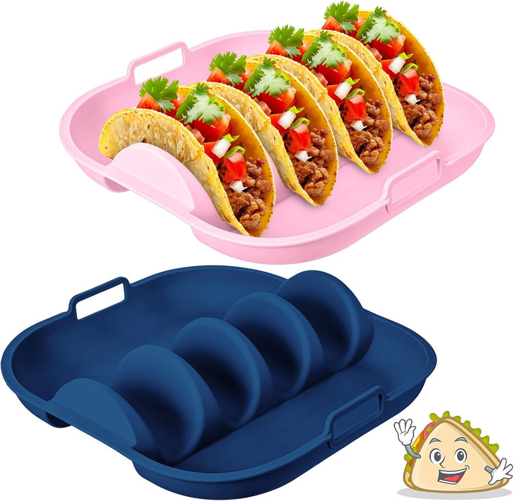 Remerry Silicone Taco Holder Plates Set of 2 Colorful Reusable Taco Holder with 4-Shell Slots for Hard/Soft Serving Plates Dishwasher Microwave Family Dinner Tortillas Party Serving(Blue, Pink)