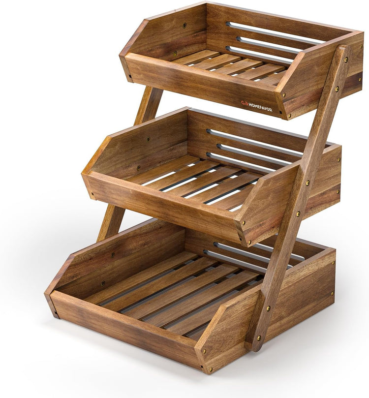 3 Tier Acacia Wood Fruit Basket for Kitchen