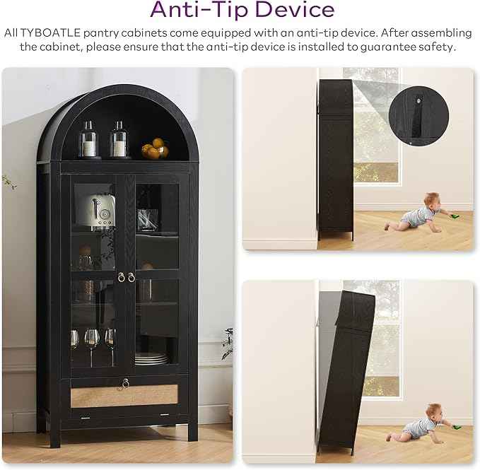 TYBOATLE 71" Tall Arched Pantry Cabinet with Innovative Drawer, Kitchen Cabinet with Anti-Tipping Device and Glass Door, Versatile Cupboard for Kitchen, Dining, Black