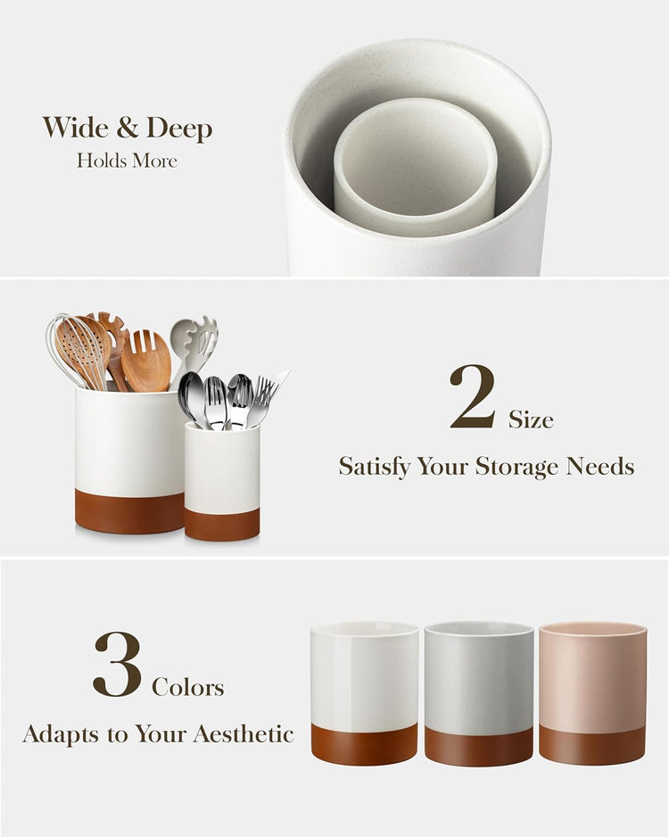 MALACASA Utensil Holder, 7.3"+5.5" Ceramic Kitchen Utensil Holder for Countertop, Large Cooking Utensil Crocks for Kitchen Counter, Farmhouse Utensils Organizer, Set of 2, Khaki White, Series TARA
