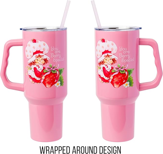 Silver Buffalo Strawberry Shortcake You Are Berry Special Vintage Berry Pink Double Walled Stainless Steel Tumbler with Handle and Straw, Fits in Standard Cup Holder, 40 Ounces