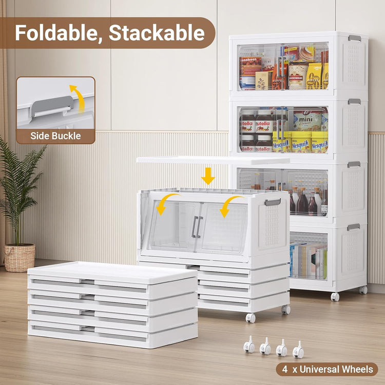 55" H 116Gal Plastic Storage Bins with Lid & Wheels,4Pack Large Stackable Storage Bins with Doors,Closet Organizers and Storage Cabinet Shelves Collapsible Box for Home Kitchen,White