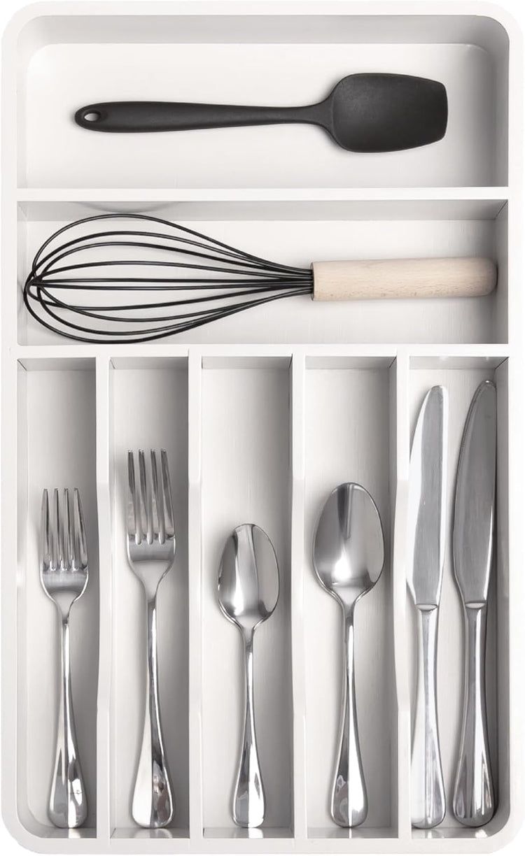 KitchenEdge Silverware Organizer - Cutlery, Flatware, and Utensil Holder for Kitchen Drawers, Fixed 10.5” Width, 7 Storage Compartments, Non-Slip Feet, Rounded Corners, 100% Bamboo, White Finish