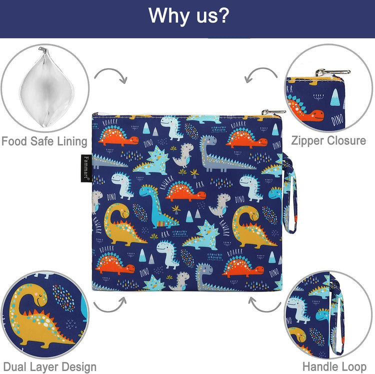 Reusable Sandwich Bag/Snack Bag for Kids & Adults, Dual Layer Lunch Bag with Handle, Cosmetic Bag Makeup Travel Bag for Women Girls, Washable, Food Safe, BPA Free (1-Pack, Dinosaur)