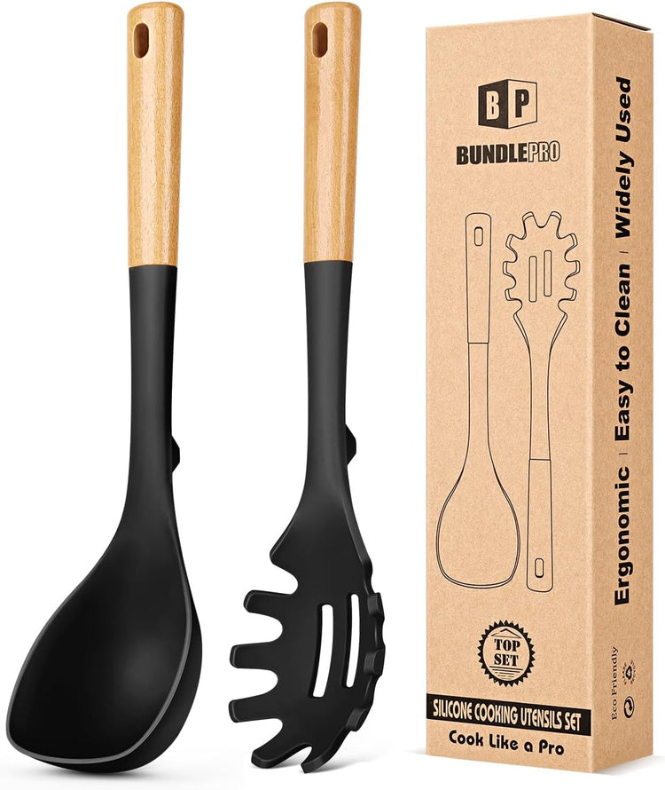 Silicone Soup Ladle and Spaghetti Spoon Set with Wooden Handle, Non Stick Heat Resistant Kitchen Utensils for Cooking, Stirring, Serving Pasta, Soup & Sauce(BLACK)