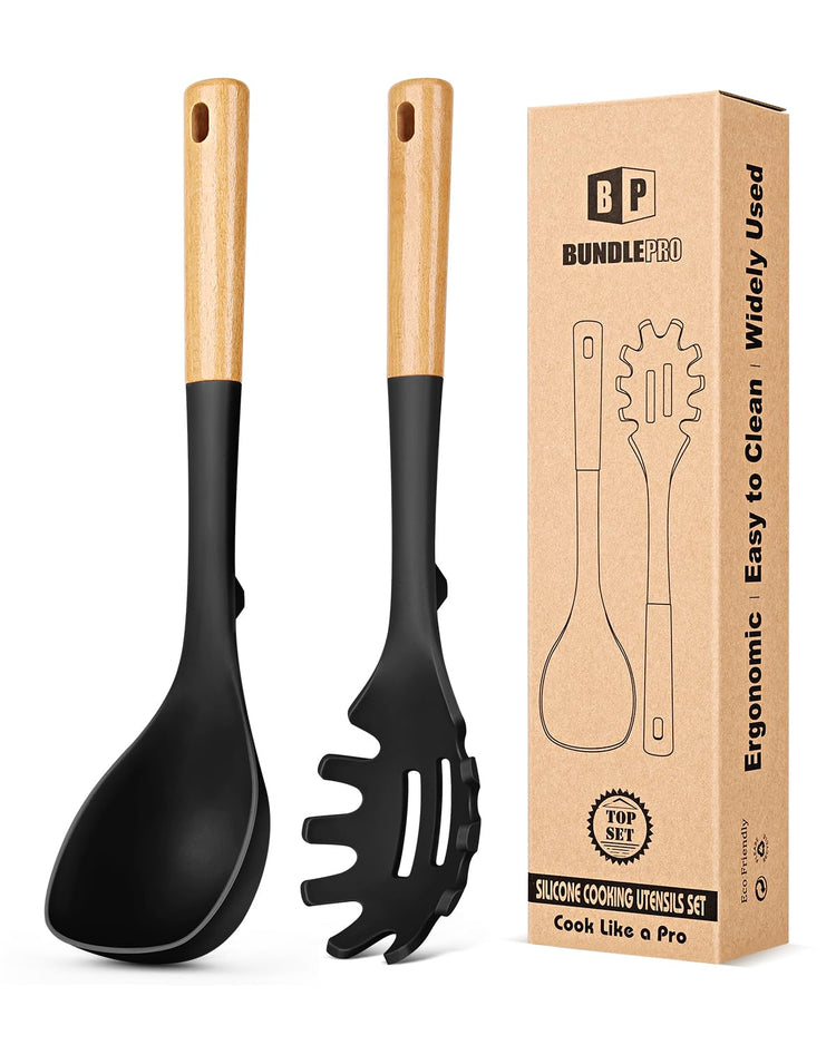 Silicone Soup Ladle and Spaghetti Spoon Set with Wooden Handle (2 Count)