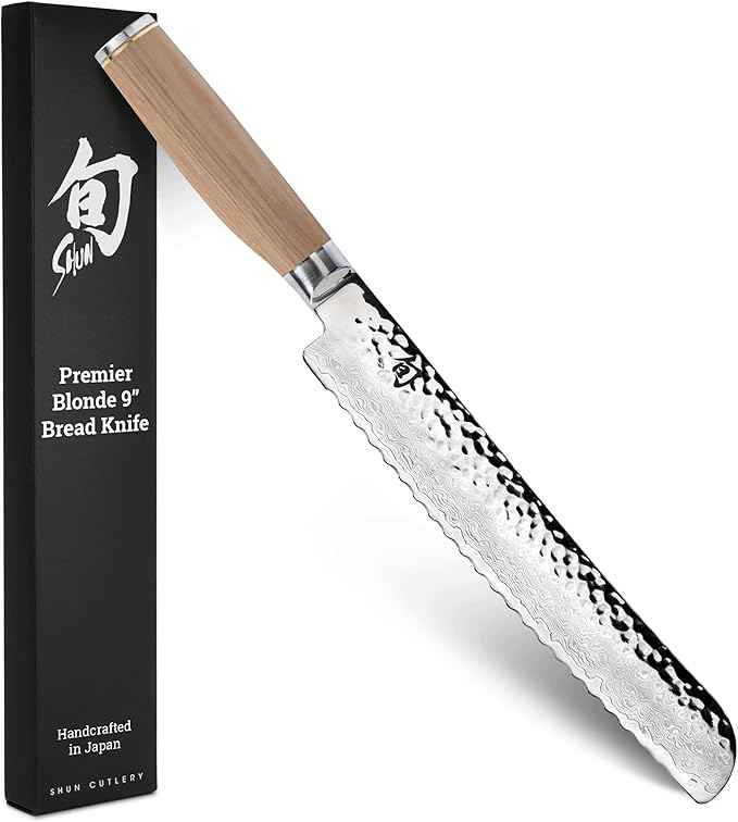 Shun Premier Blonde 9" Bread Knife, Handcrafted Japanese Serrated Knife, VG-MAX Core with Damascus Stainless Steel Cladding, Pakkawood Handle, Slicing Tool for Professional and Home Chefs