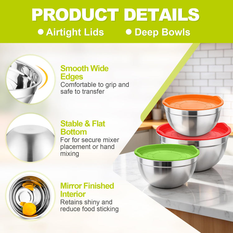 Mixing Bowls Stainless Steel Nesting Salad Bowls & Airtight Lids (3 Count)