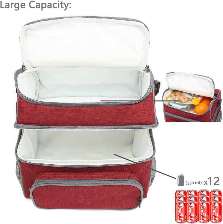 FlowFly Double Layer Cooler Insulated Lunch Bag Adult Lunch Box Large Tote Bag for Men, Women, With Adjustable Strap,Front Pocket and Dual Large Mesh Side Pockets