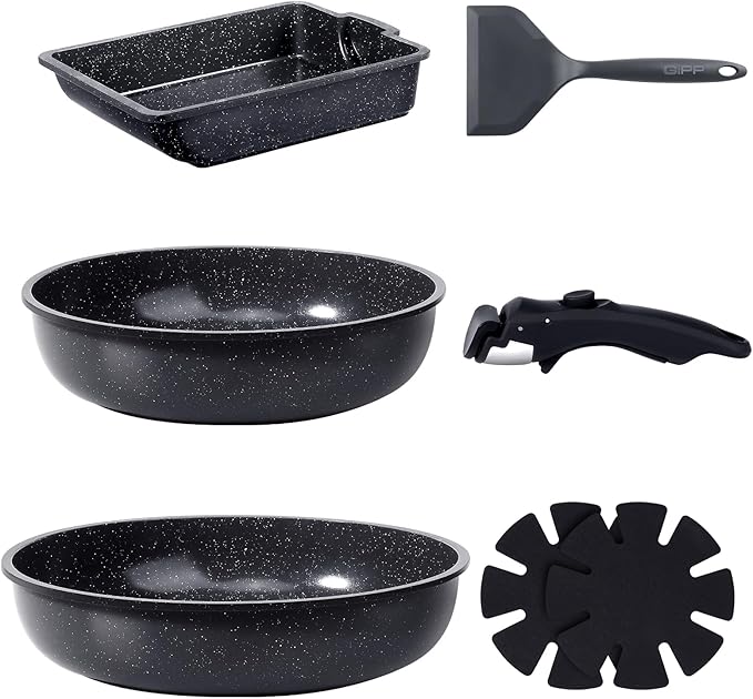 GiPP Ceramic Pots and Pans Set Non Stick, Nonstick Detachable Handle Cookware Sets, Non Toxic Induction Kitchen Pot and Pan with Removable Handle, Healthy RV Cookware, Dishwasher &Oven Safe, 7 Piece