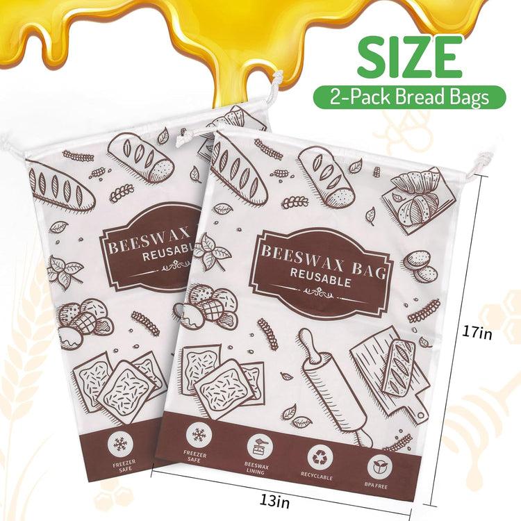 2-Pack Beeswax Bread Bags for Homemade Bread,Reusable Sourdough Storage Bags with Premium Beeswax Coating for Loafs Baguette Fresh Keeping,Great Baking Essentials and Gifts for Families & Friends.