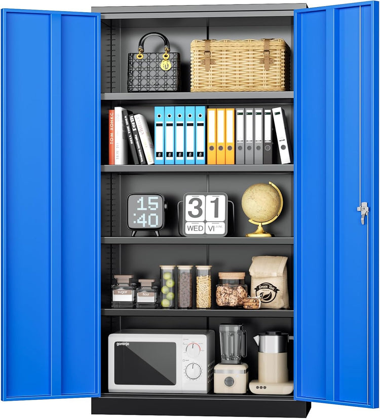 INTERGREAT Metal Storage Cabinets 72” Black Blue Garage Steel Storage Cabinet with Doors and Shelves, Steel File Cabinet for Home Office, Basement, Warehouse, Classroom(Anti Tipping)