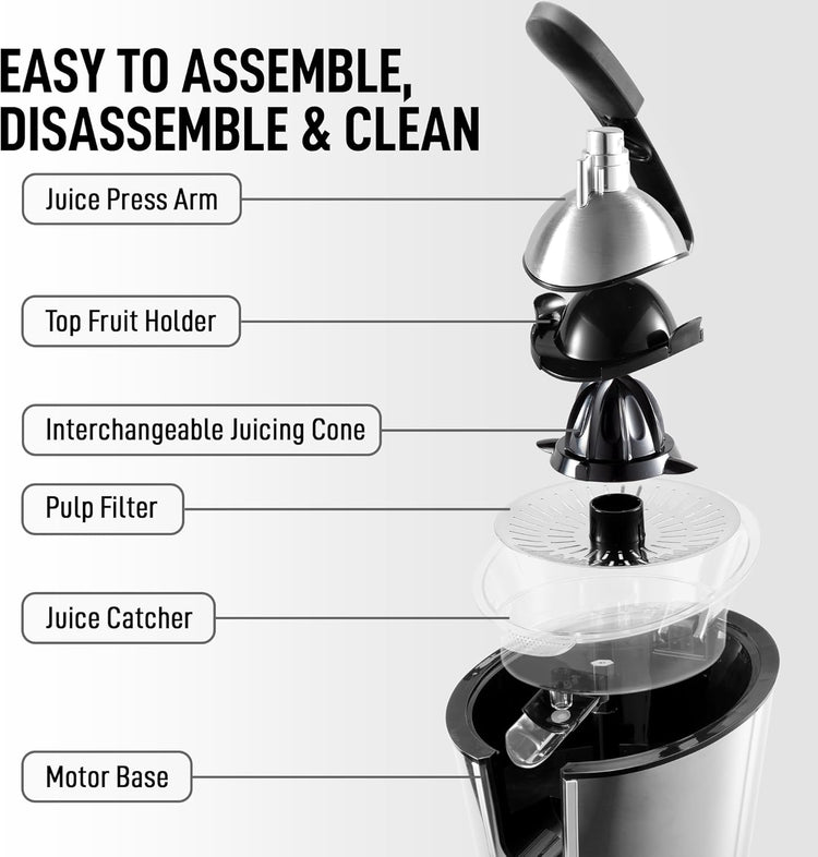Zulay Electric Citrus Juicer - Makes Fresh Orange, Lemon, Grapefuit, Lime - Stainless Steel, 160W Quiet Powerful Motor, Interchangeable Cones - Filters Out Seeds & Pulp - Dishwasher-Safe Parts - Black