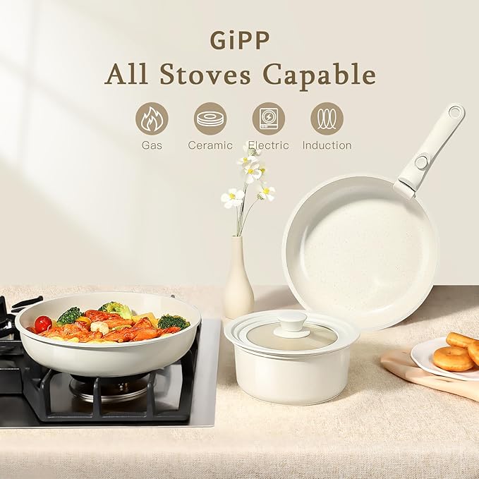 GiPP Ceramic Pots and Pans Set Non Stick, Nonstick Detachable Handle Cookware Sets, Healthy Non Toxic PFAS PFOA & PTFE Free, Dishwasher &Oven Safe, Induction Kitchen Pot and Pan, 8 Piece Cream