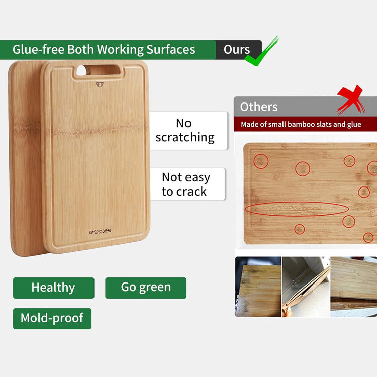 Healthy and Non Toxic & Totally Organic Bamboo Cutting Board Set,3 pack, No Glue & Plastic Free, Juice Groove, Non-solid Wood Cutting Board with hands for Kitchen for Meat, Vegetables and Fruits