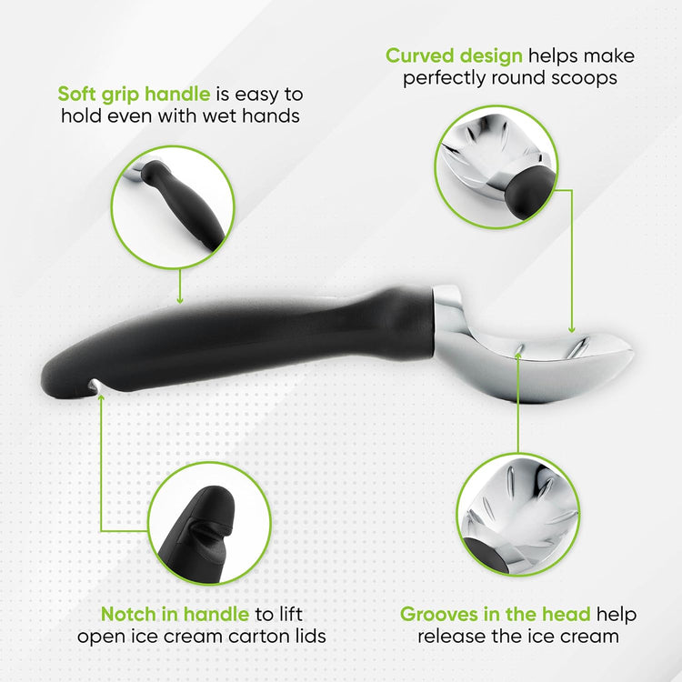 Spring Chef Ice Cream Scoop with Soft Grip Handle, Professional Heavy Duty Sturdy Scooper, Premium Kitchen Tool for Cookie Dough, Gelato, Sorbet, Black, 2 Pack