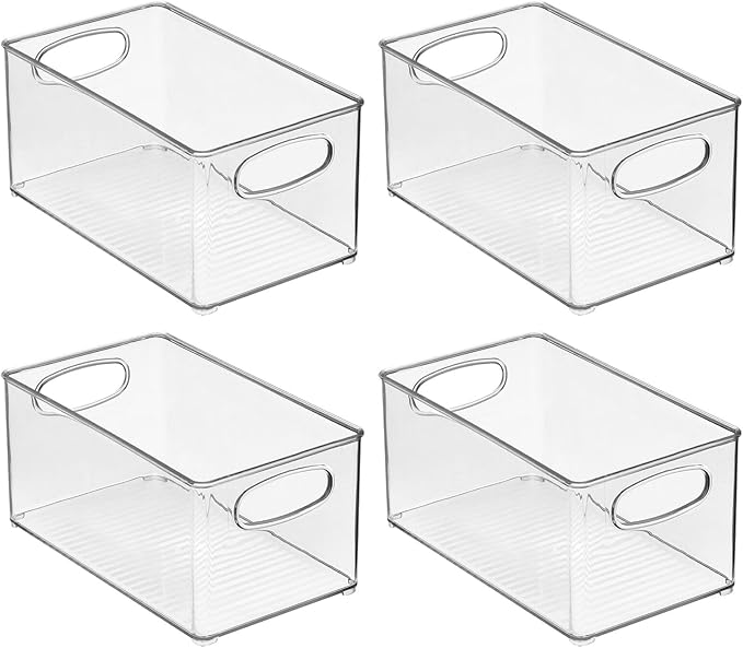 mDesign Plastic Home Closet Organizer - Basket Storage Holder Bin w/ Handles for Bedroom, Bathroom, Cabinet Shelves, Entryway, and Hallway - Holds Sweaters, Purses - Ligne Collection - 4 Pack - Clear