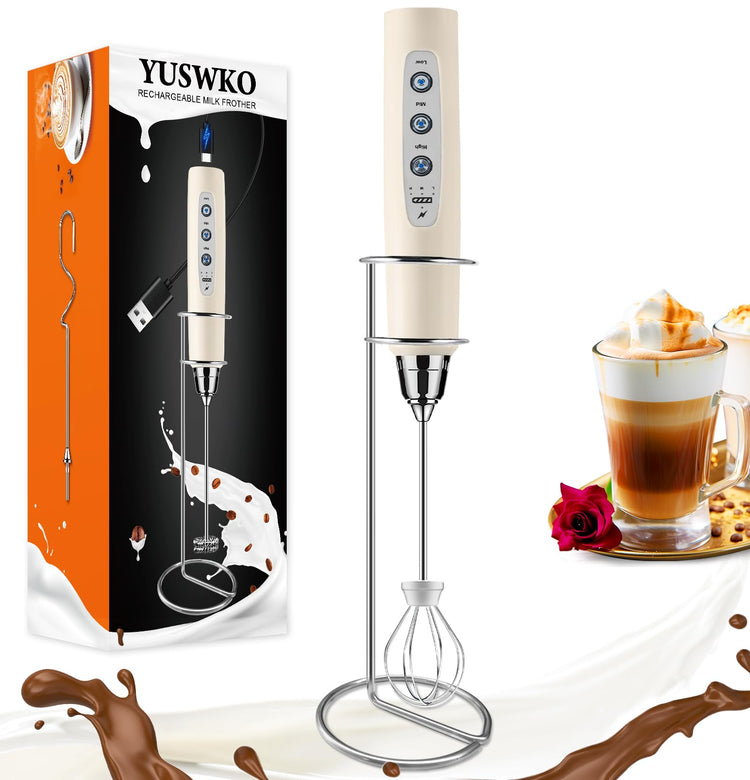 Beige Handheld Milk Frother Wand with Stand for Coffee
