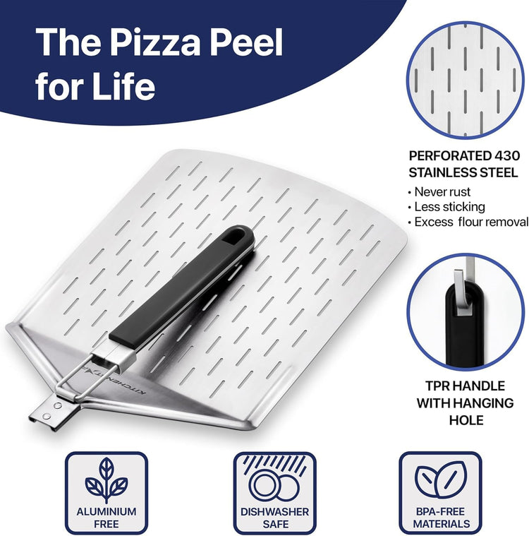 KitchenStar Perforated Pizza Peel 14 inch with 10 inch Folding Handle, Large - Stainless Steel Spatula Paddle for Effortless Pizza Transfer & Easy Storrage - Outdoor Pizza Oven Accessories