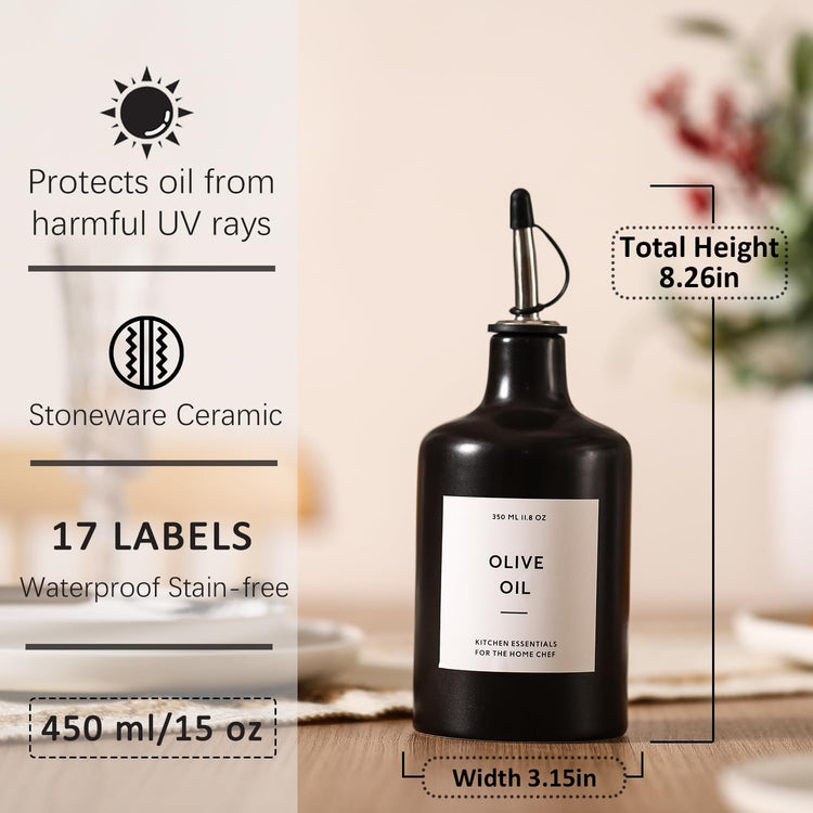 HOMCDALY Ceramic Olive Oil Dispenser Bottle, 16oz Oil Dispenser Bottle for Kitchen, Oil Container, Kitchen Oil Dispenser(Black)
