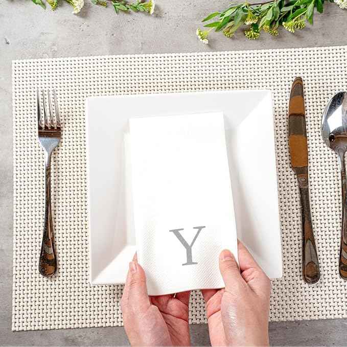 Luxenap 15.8 X 7.9 Inch Linen-Feel Guest Towels, 2000 Lettered Hand Towels - Silver Letter 'Y', Sans Serif Font, White Paper Dinner Napkins, airlaid, For Restrooms And Tables - Restaurantware