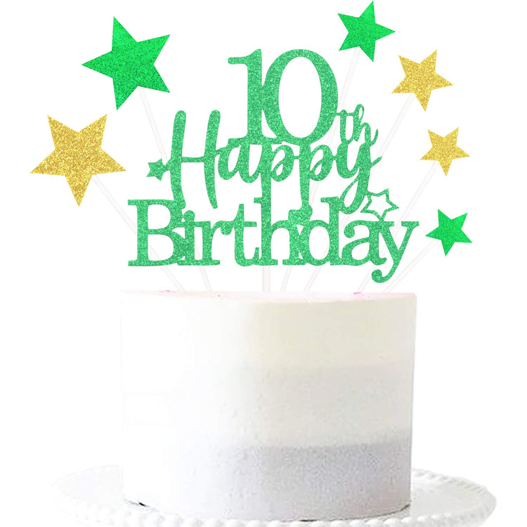 Green Gold 10th Birthday Cake Topper with Glittery Stars (7 Count)