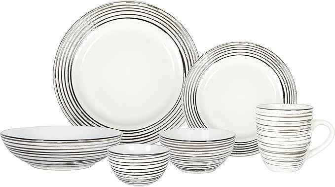 48 Piece Dinnerware Set, Ceramic Plates and Bowls Sets for 8, Microwave and Dishwasher Safe, Handcrafted Tree Bark Series Dish Set, White Birch