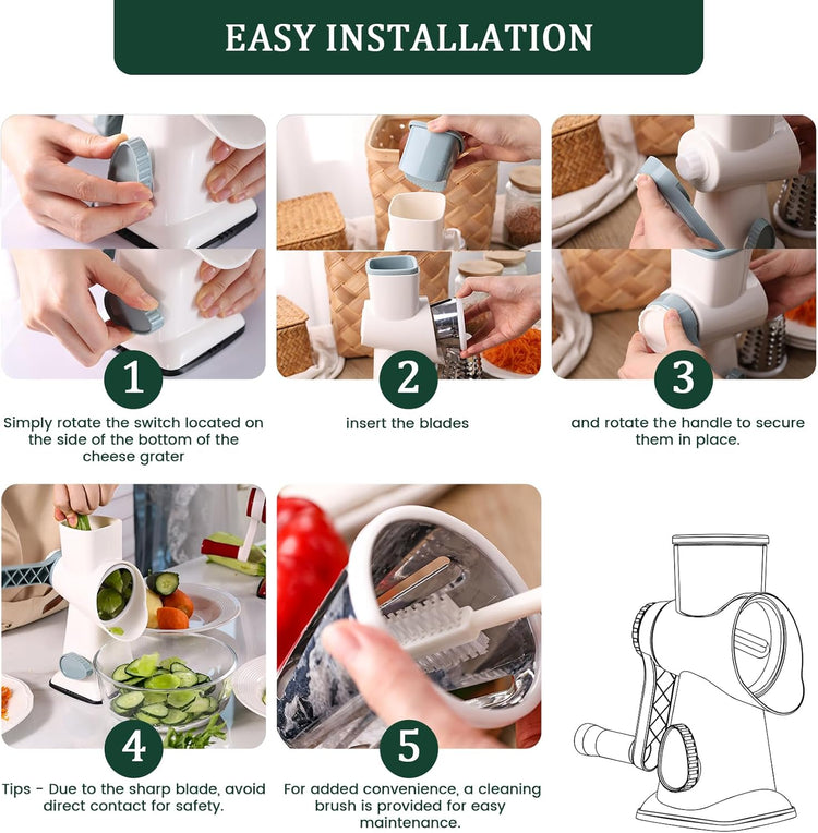 HANSGO Rotary Cheese Grater, Hand Crank Cheese Shredder, Vegetable Slicer for Kitchen, Non-slip Suction Base and 3 Interchangeable Blades for Potatoes Zucchini Nuts Chocolate Fruits, WhiteBlue
