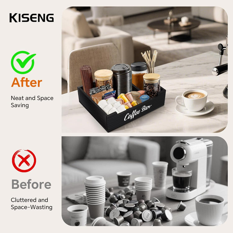 Coffee Pod Bar Station Wooden 14" X 10" X 4" Organizer Box for Countertop, Counter Top Tea Espresso Cup Wood Storage Box, Black