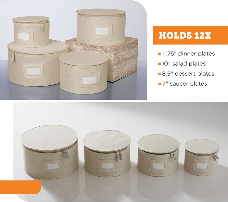 storageLAB China Storage Containers, Hard Shell Case with Felt Dividers for Charger Plates, and Dishes, Ideal for Kitchen Organization, Moving Supplies, and Fine China Storage - 4-Piece Set, Cream