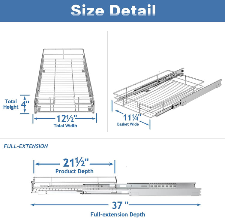 ROOMTEC Pull Out Cabinet Organizer, Cabinet Pull Out Shelves 12½" W x 21½" D, Heavy Duty Cabinet Drawers Slide Out Kitchen Cabinet Organizers Storage Shelf