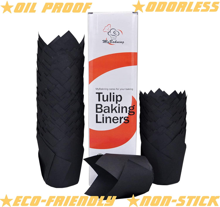 Black color Large size Tulip Baking Cups 2-1/4"(Base diameter) x 4"(Wall height) Parchment paper baking cupcake Muffin liners, Case of 130 pcs