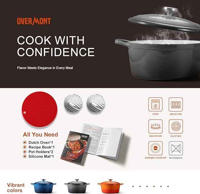Overmont Refined Enameled Cast Iron Dutch Oven - 5.5QT Pot with Wide Handles Lid Cookbook & Cotton Potholders - Heavy-Duty Pre-Seasoned Cookware Oven Safe to 500ยฐF for Braising, Stews, Roasting, Bread Baking