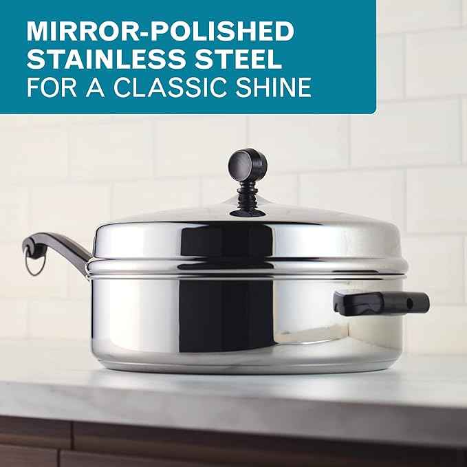 Farberware Classic Series Anniversary Edition Stainless Steel Sauté Pan and Lid with Helper Handle, Induction Suitable, 6 Quart Jumbo Cooker, Metal Utensil Safe - Stainless Steel