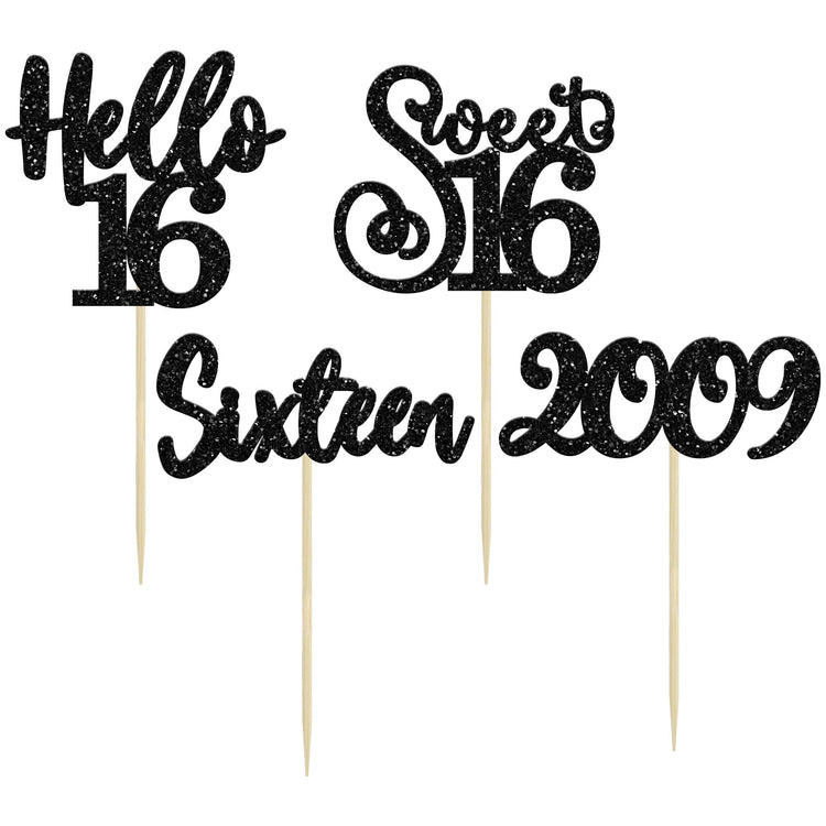 24Pcs Happy 16th Birthday Cupcake Toppers Glitter Hello 16 Sweet 16 Cupcake Picks 2009 Sixteen Old Birthday Cake Decorations for 16th Birthday Anniversary Party Supplies Black (24 Count)