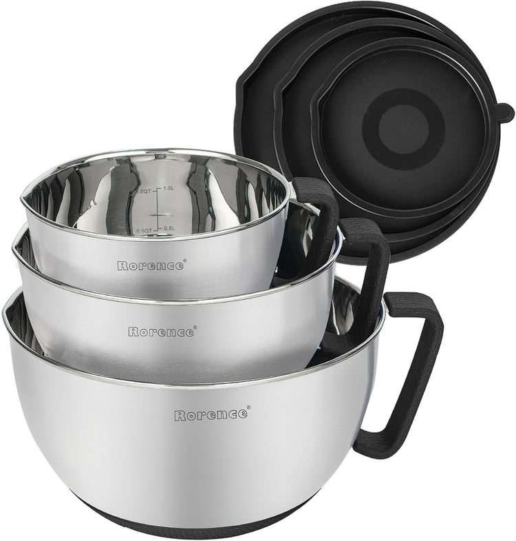 Rorence Stainless Steel Non-Slip Mixing Bowls With Pour Spout, Handle and Lid, Set of 3, Black