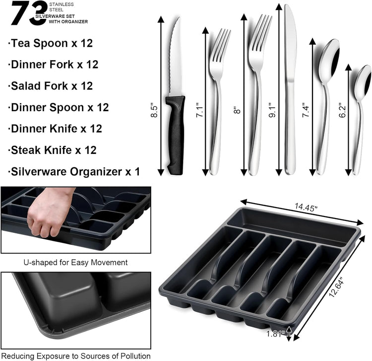 Pleafind 73-Piece Silverware Set with Organizer, Stainless Steel Silverware Sets for 12, Cutlery Utensil Sets with Steak Knives, Include Forks Spoons Knives & Silverware Organizer, Dishwasher Safe