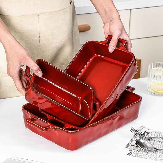 VICRAYS Ceramic Bakeware Set, Porcelain Rectangular Baking Dish, Baking Pan Lasagna Pans Casserole Dish Set for Cooking, Kitchen, Cake Dinner, Banquet, 3 PCS, 15 x 8.5 Inches (Cherry Red)