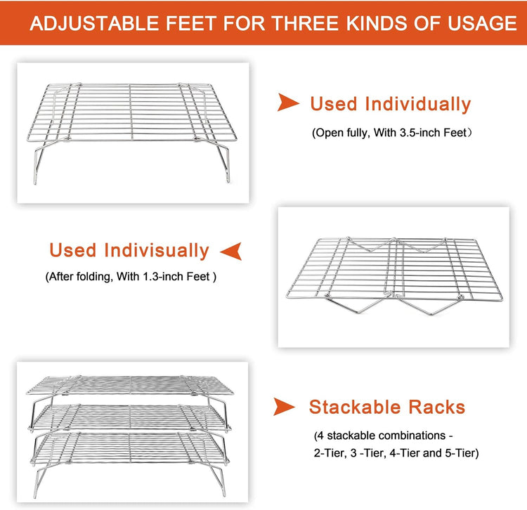 P&P CHEF Cooling Rack, 5-Tier Stainless Steel Stackable Baking Cooking Racks for Cooling Roasting Grilling, Collapsible & Heavy Duty, Oven Safe & Easy Clean, 15" x 10", Silver