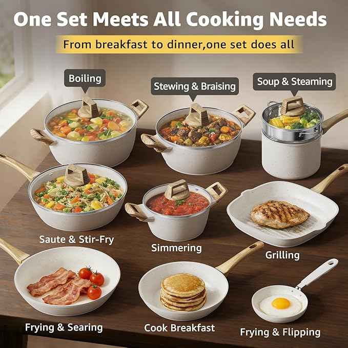 25Pcs Pots and Pans Set Non Stick, Ceramic Cookware with Titanium-Reinforced Nonstick Coating, PFAS-Free & Induction Ready, Long-Lasting Performance, Full Kitchen Set with 3 Casseroles