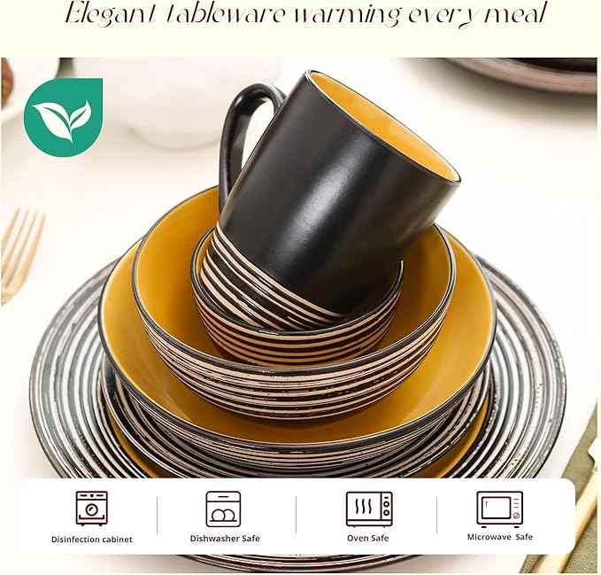 48 Piece Dinnerware Set, Ceramic Plates and Bowls Sets for 8, Microwave and Dishwasher Safe, Handcrafted Tree Bark Series Dish Set, Sunflower/Yellow