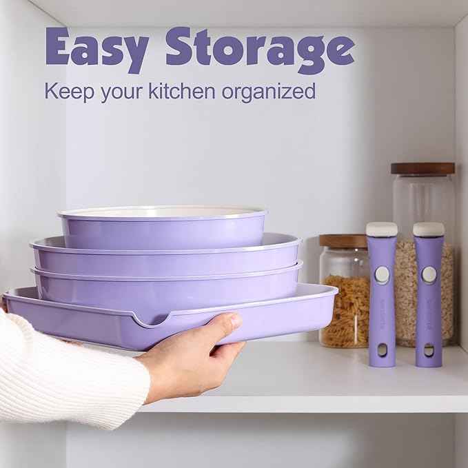 SENSARTE 17 Piece Ceramic Pots and Pans Set, Nonstick Detachable Handle Cookware, Induction Kitchen Cookware Set with Removable Handle, Dishwasher & Oven Safe (Purple)