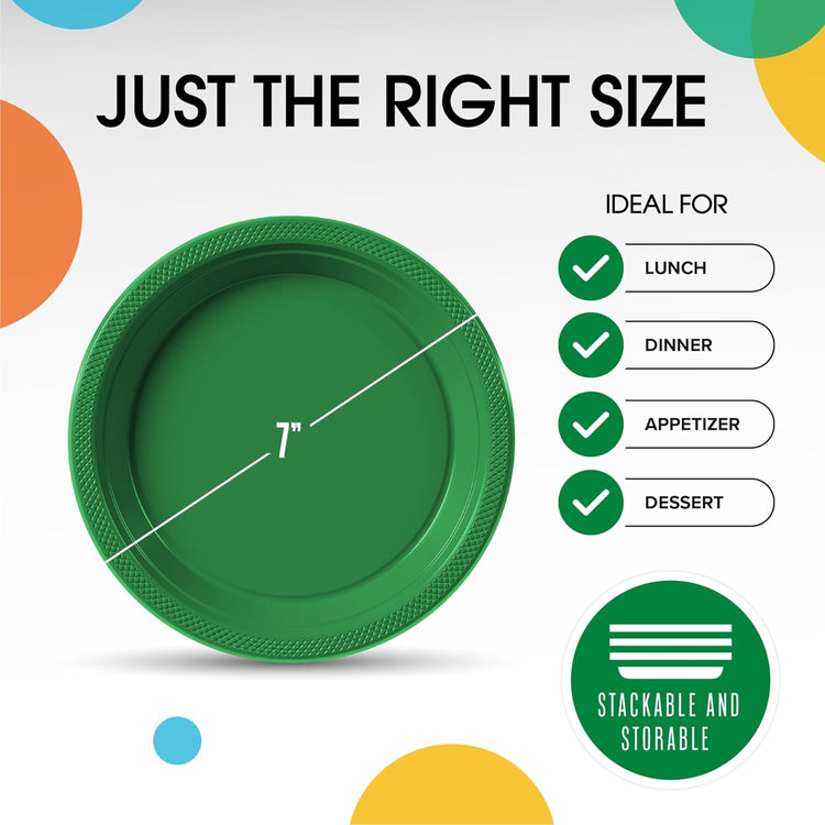 Exquisite Party Solids Emerald Green Plastic Plates For Party 7" Emerald Green Disposable Plates Heavy Duty Supplies 100 Pcs Plastic Dinnerware Sets Heavy Duty 350 GSM Disposable Dinnerware Set