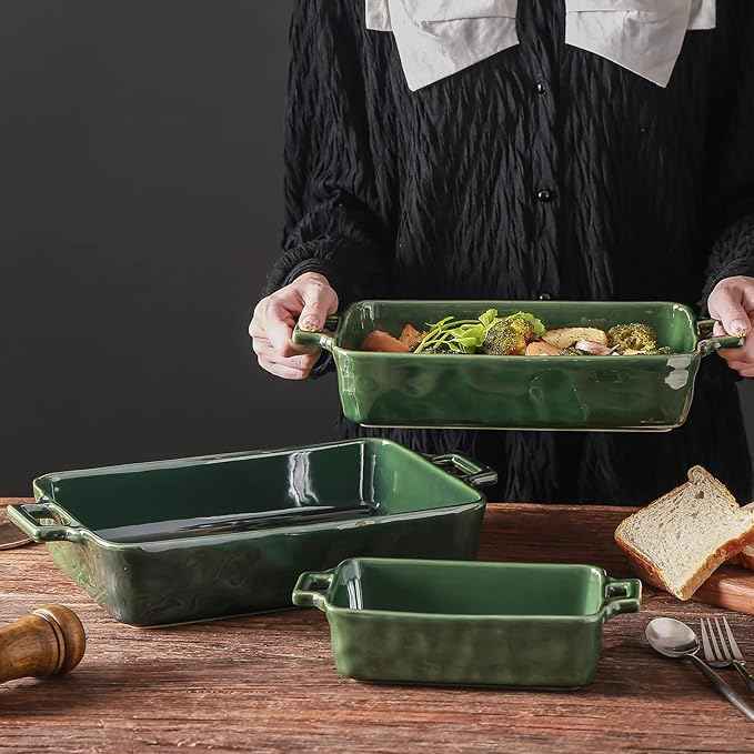 VICRAYS Ceramic Bakeware Set, Porcelain Rectangular Baking Dish, Baking Pan Lasagna Pans Casserole Dish Set for Cooking, Kitchen, Cake Dinner, Banquet and Daily Use, 3 PCS, 15 x 8.5 Inches(Green)