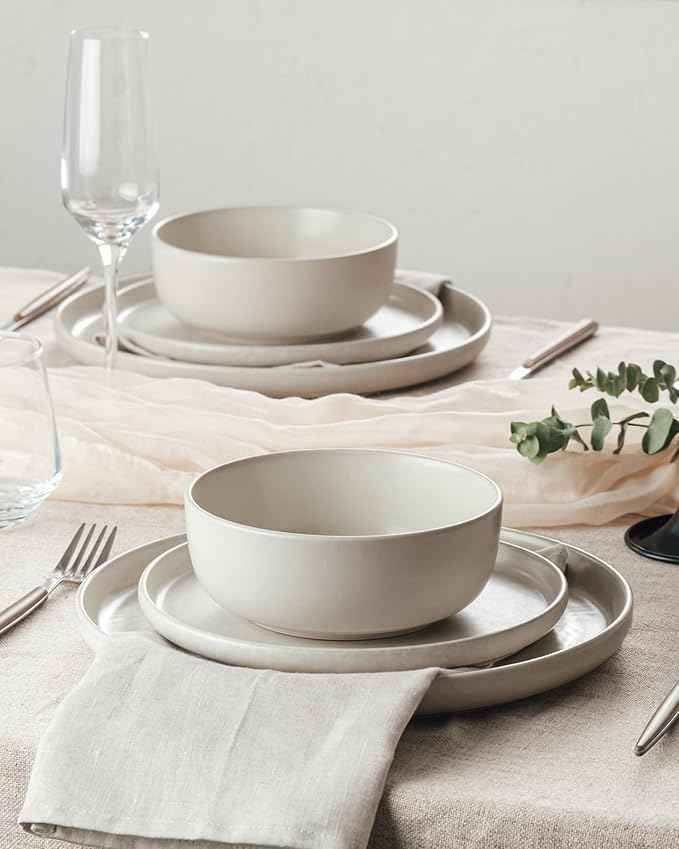 Famiware Milkyway Plates and Bowls Sets, 12 Pieces Dinnerware Sets, Reactive Glaze Dish Set, Stoneware Dishes Set for 4, Matte Beige White
